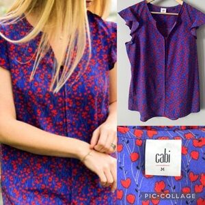 CABI #5601 Cherish Poppy floral flutter sleeve blouse red purple Medium